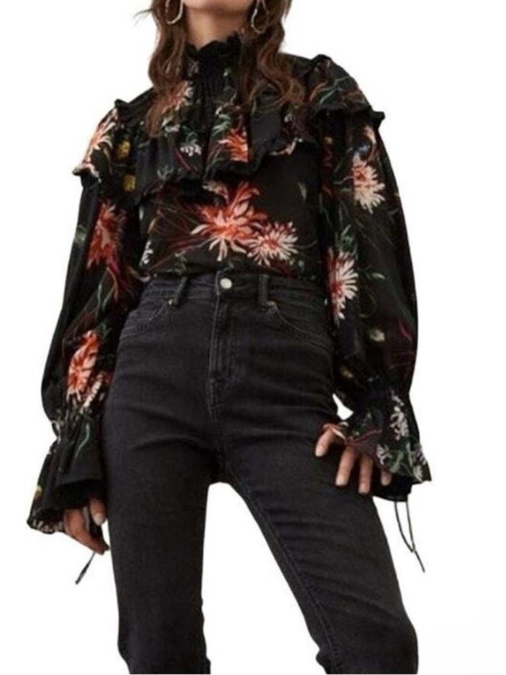 H&M Black Floral Ruffle High Neck Long Sleeve Blouse Size S NWOT